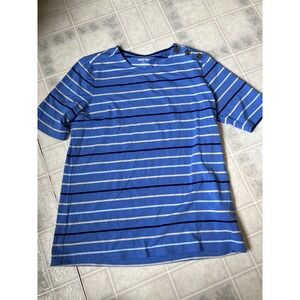 LANDS END Medium 10-12 Short Sleeve Round Neck Tee Blue Stripe Shoulder Buttons